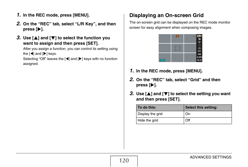 Displaying an on-screen grid | Casio YC-430 PJ User Manual | Page 120 / 248