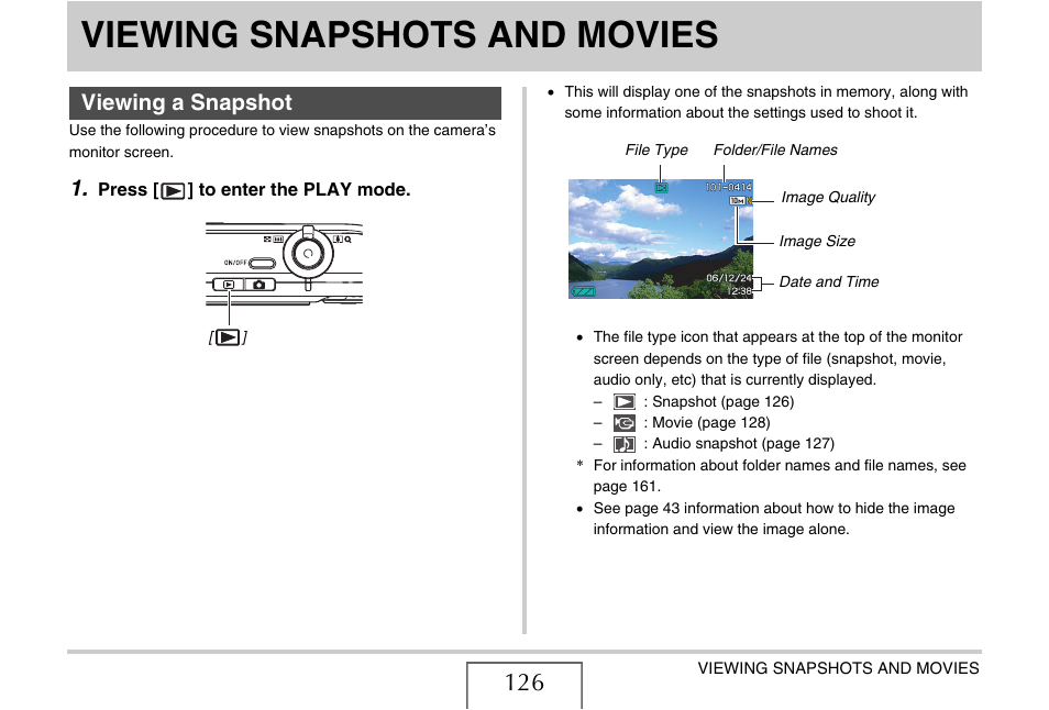 Viewing snapshots and movies, Viewing a snapshot, Viewing snapshots and movies126 | Casio YC-430 PJ User Manual | Page 126 / 248
