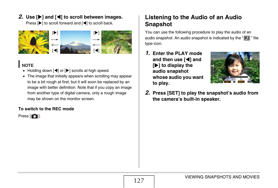 Listening to the audio of an audio snapshot, E 127) | Casio YC-430 PJ User Manual | Page 127 / 248