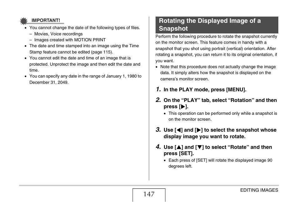 Rotating the displayed image of a snapshot | Casio YC-430 PJ User Manual | Page 147 / 248