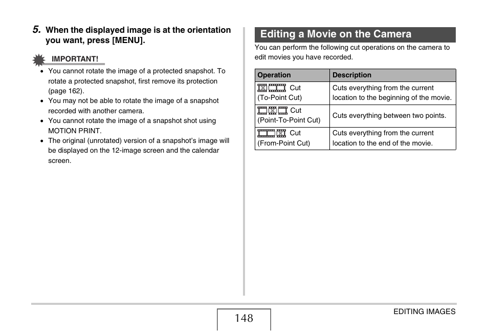 Editing a movie on the camera | Casio YC-430 PJ User Manual | Page 148 / 248