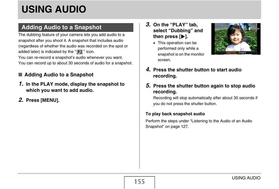 Using audio, Adding audio to a snapshot | Casio YC-430 PJ User Manual | Page 155 / 248