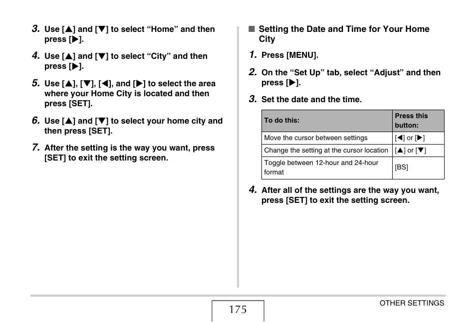 Setting the date, And time for your home city, E 175) | Casio YC-430 PJ User Manual | Page 175 / 248