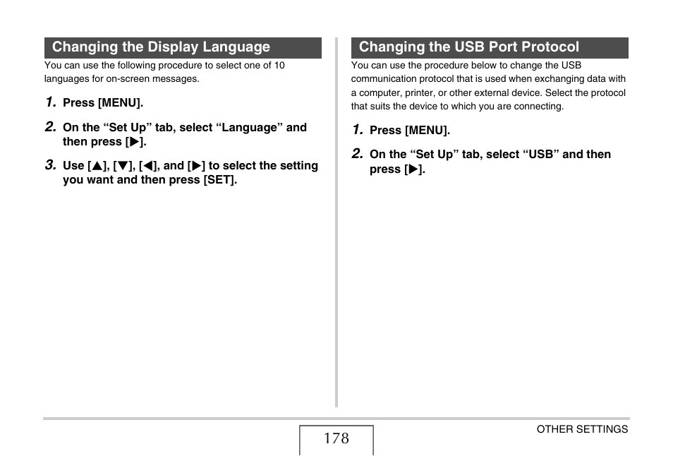 Changing the display language, Changing the usb port protocol | Casio YC-430 PJ User Manual | Page 178 / 248