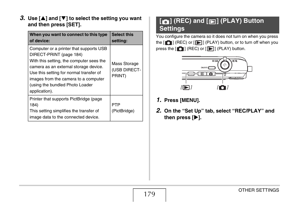 Rec) and [>] (play) button settings, Rec) and, Play) button settings | Rec) and [ ] (play) button settings | Casio YC-430 PJ User Manual | Page 179 / 248