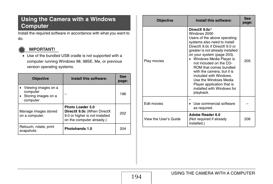 Using the camera with a windows computer, E “using the camera with a windows computer” on, O “using the camera with a | Windows computer | Casio YC-430 PJ User Manual | Page 194 / 248