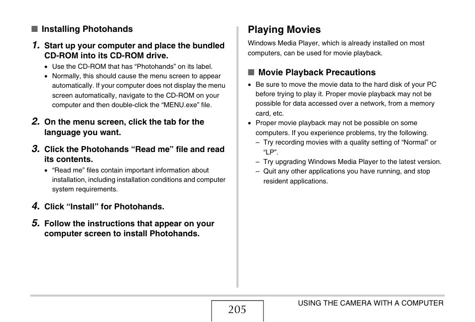 Playing movies | Casio YC-430 PJ User Manual | Page 205 / 248