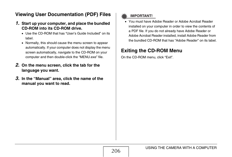 Viewing user documentation (pdf) files, Exiting the cd-rom menu, Viewing user documentation (pdf) files 1 | Casio YC-430 PJ User Manual | Page 206 / 248