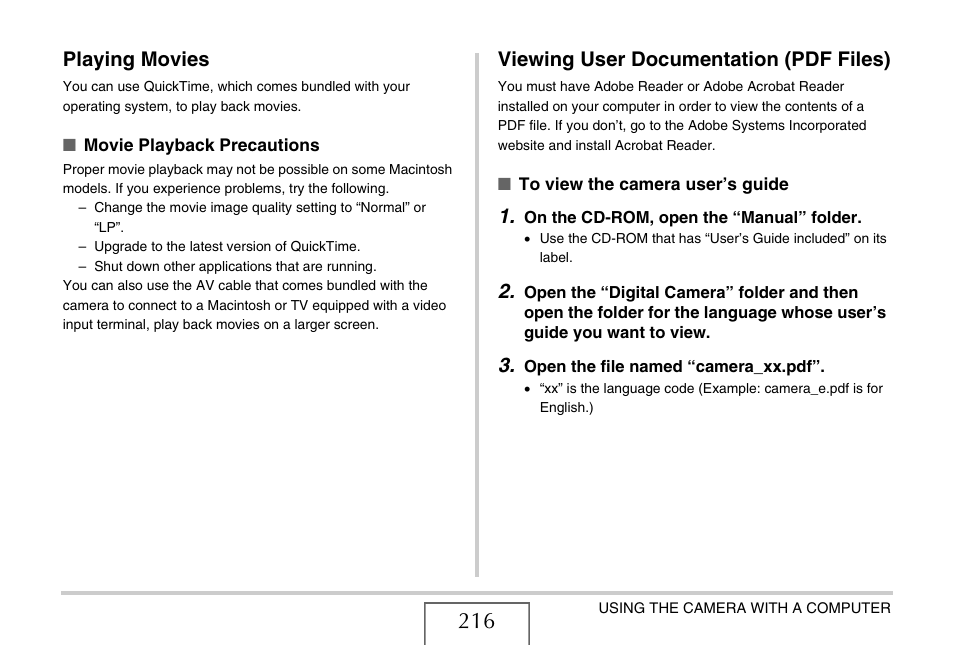 Playing movies, Viewing user documentation (pdf files) | Casio YC-430 PJ User Manual | Page 216 / 248