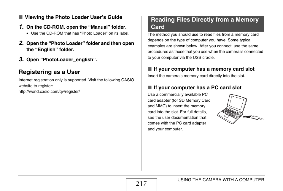 Registering as a user, Reading files directly from a memory card | Casio YC-430 PJ User Manual | Page 217 / 248