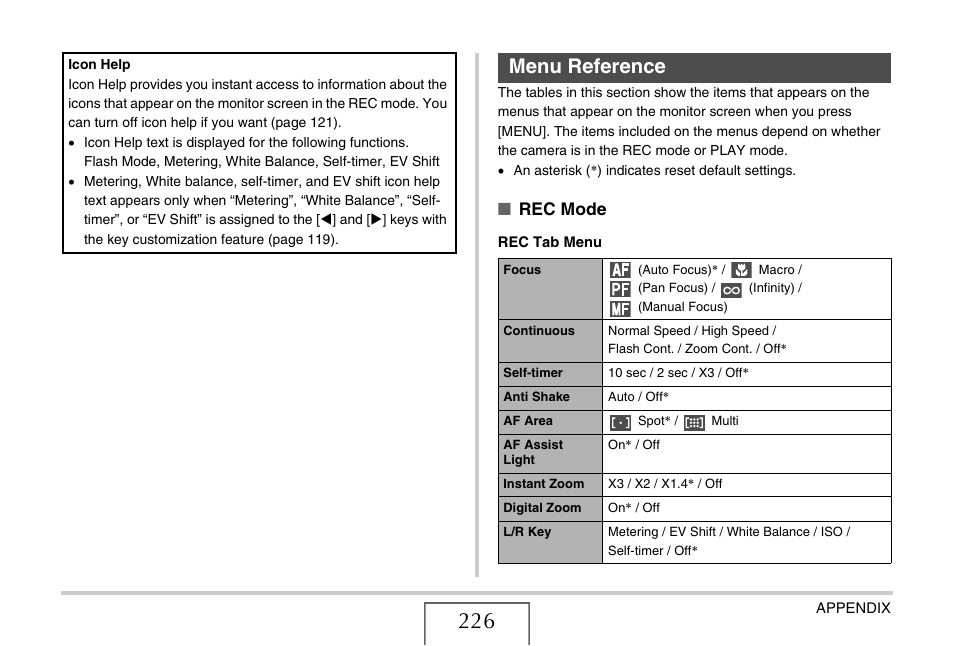 Menu reference, Rec mode | Casio YC-430 PJ User Manual | Page 226 / 248