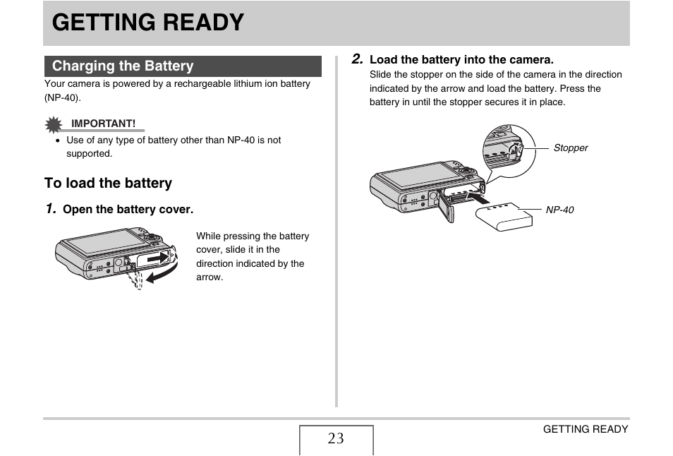 Getting ready, Charging the battery, To load the battery | Casio YC-430 PJ User Manual | Page 23 / 248