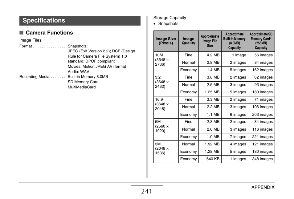 Specifications, Camera functions | Casio YC-430 PJ User Manual | Page 241 / 248