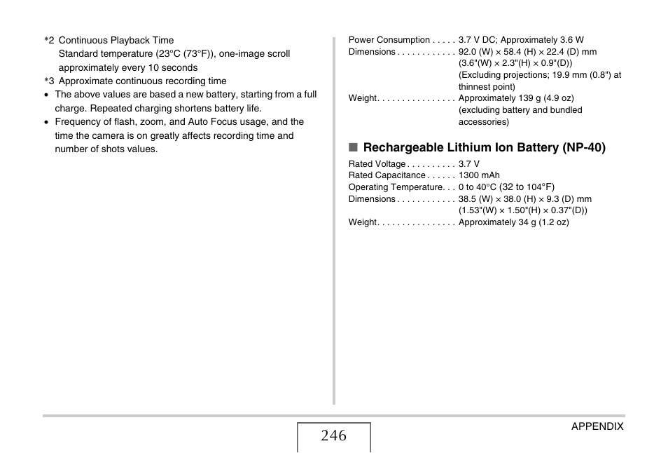 Rechargeable lithium ion battery (np-40) | Casio YC-430 PJ User Manual | Page 246 / 248