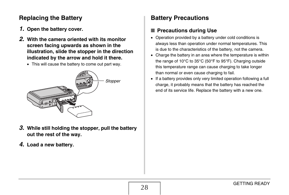 Replacing the battery, Battery precautions, Replacing the battery 1 | Casio YC-430 PJ User Manual | Page 28 / 248