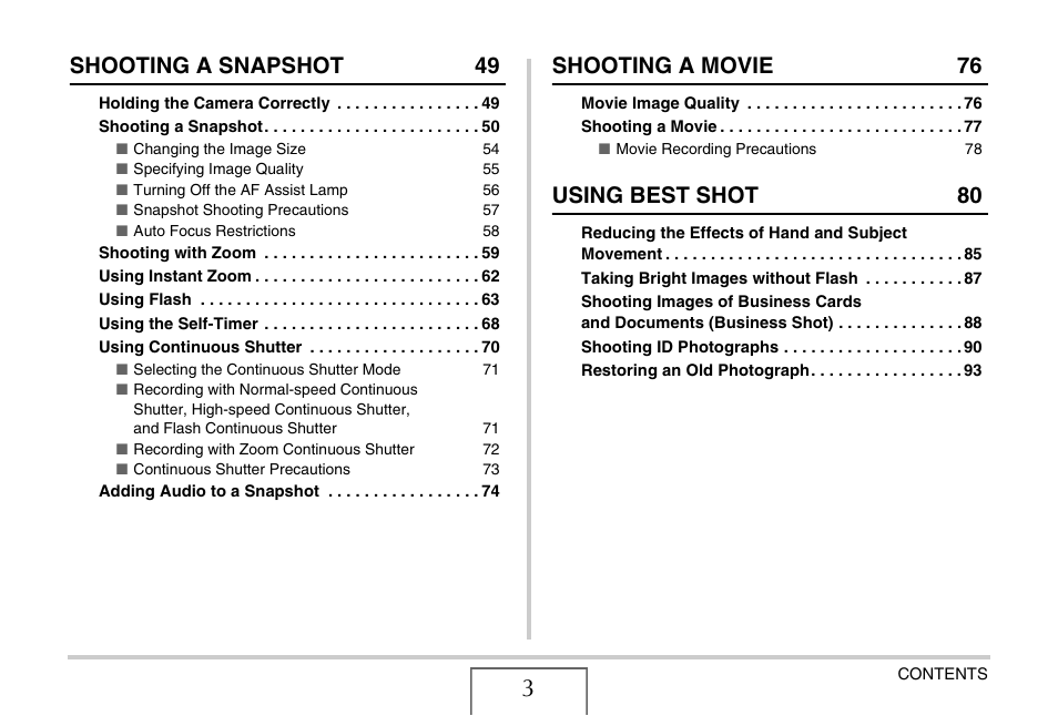 Shooting a snapshot 49, Shooting a movie 76, Using best shot 80 | Casio YC-430 PJ User Manual | Page 3 / 248