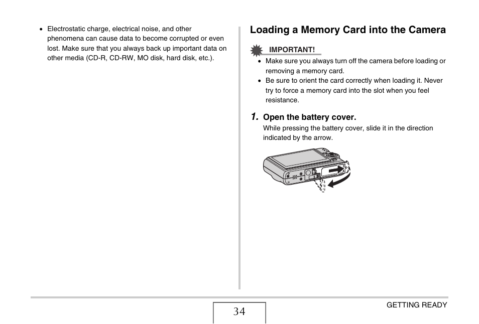 Loading a memory card into the camera | Casio YC-430 PJ User Manual | Page 34 / 248