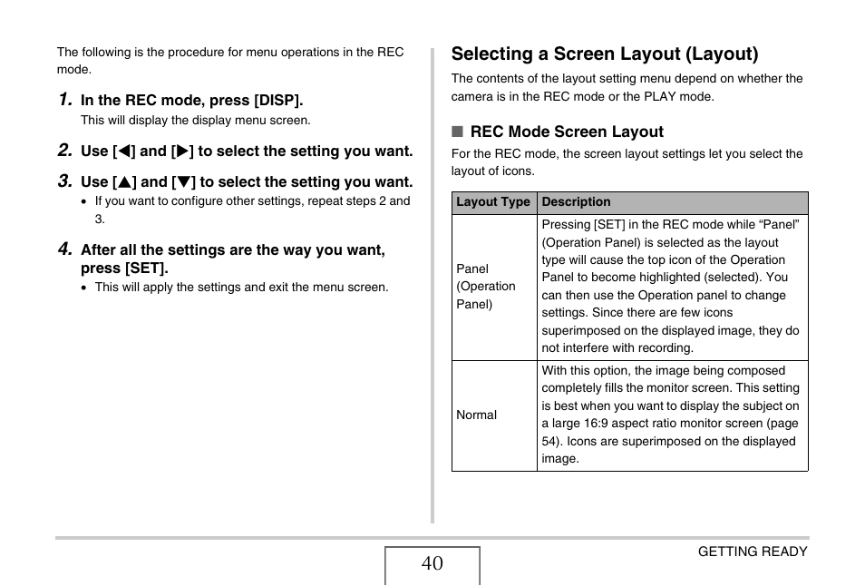 Selecting a screen layout (layout) | Casio YC-430 PJ User Manual | Page 40 / 248