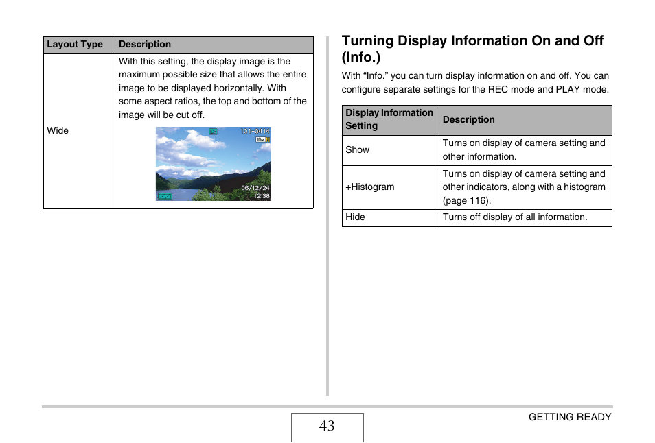 Turning display information on and off (info.) | Casio YC-430 PJ User Manual | Page 43 / 248