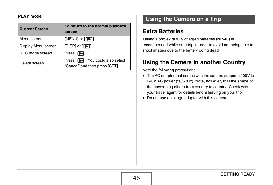 Using the camera on a trip, Extra batteries, Using the camera in another country | Casio YC-430 PJ User Manual | Page 48 / 248