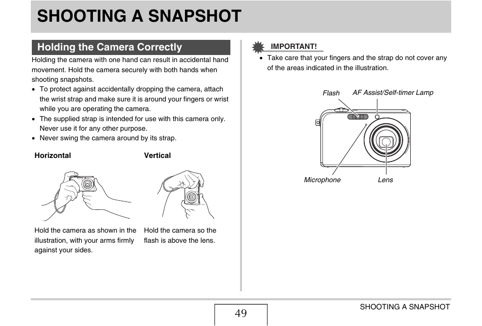 Shooting a snapshot, Holding the camera correctly | Casio YC-430 PJ User Manual | Page 49 / 248