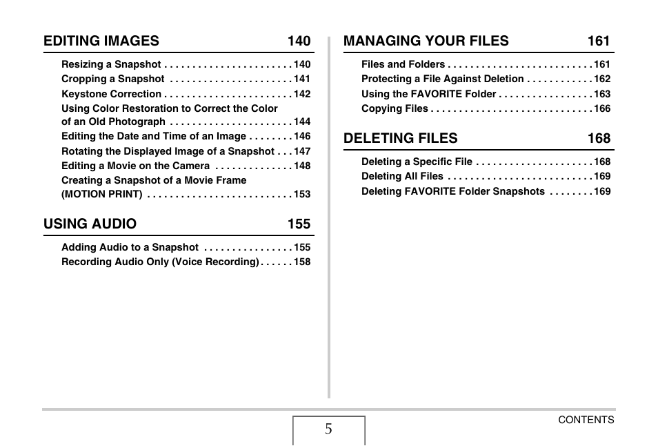 Editing images 140, Using audio 155, Managing your files 161 | Deleting files 168 | Casio YC-430 PJ User Manual | Page 5 / 248