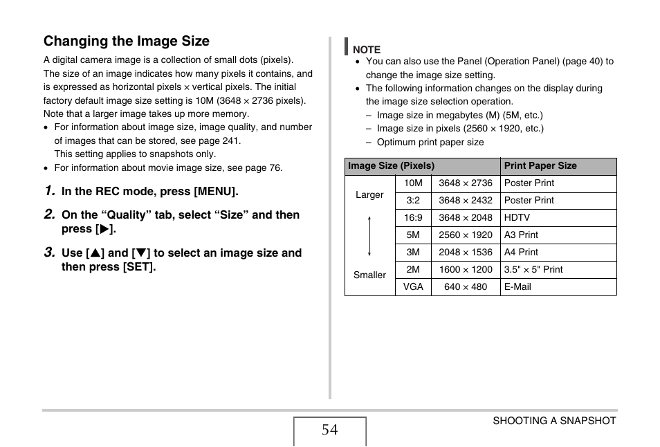 Changing the image size, E 54) | Casio YC-430 PJ User Manual | Page 54 / 248