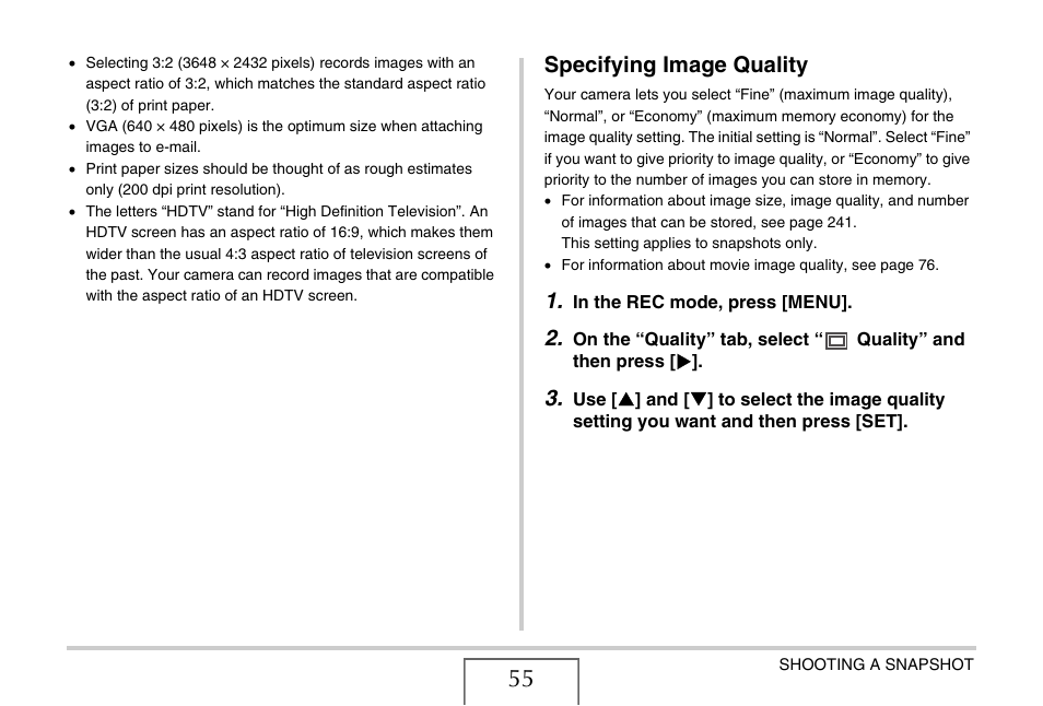 Specifying image quality | Casio YC-430 PJ User Manual | Page 55 / 248