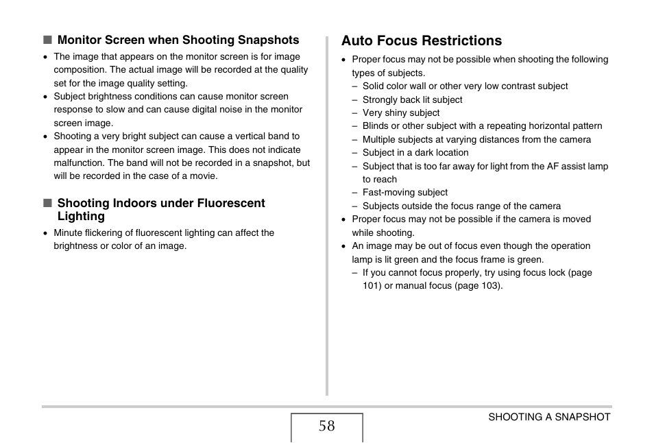 Auto focus restrictions | Casio YC-430 PJ User Manual | Page 58 / 248