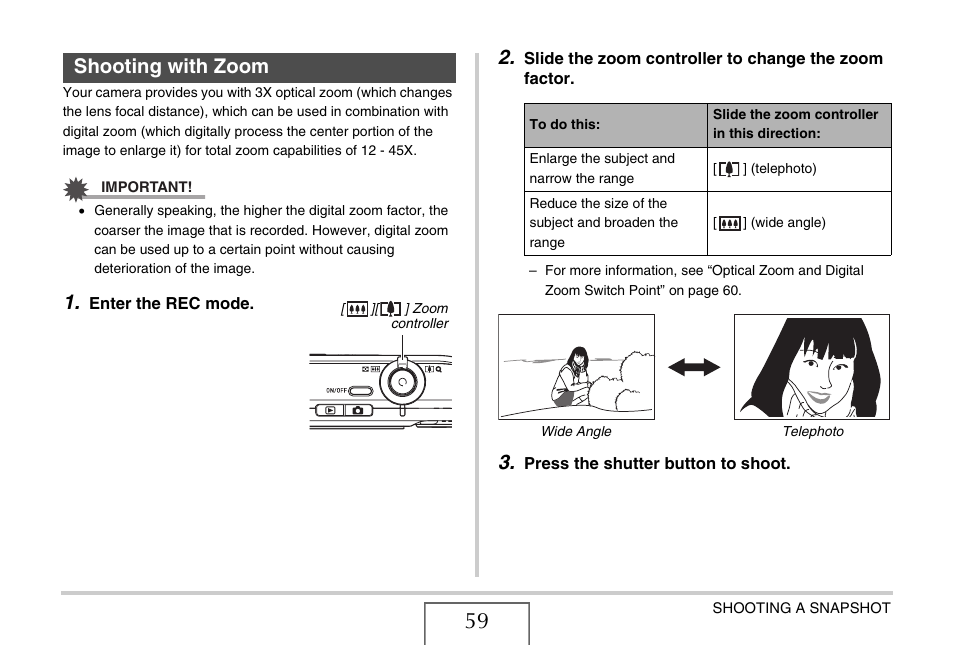 Shooting with zoom | Casio YC-430 PJ User Manual | Page 59 / 248