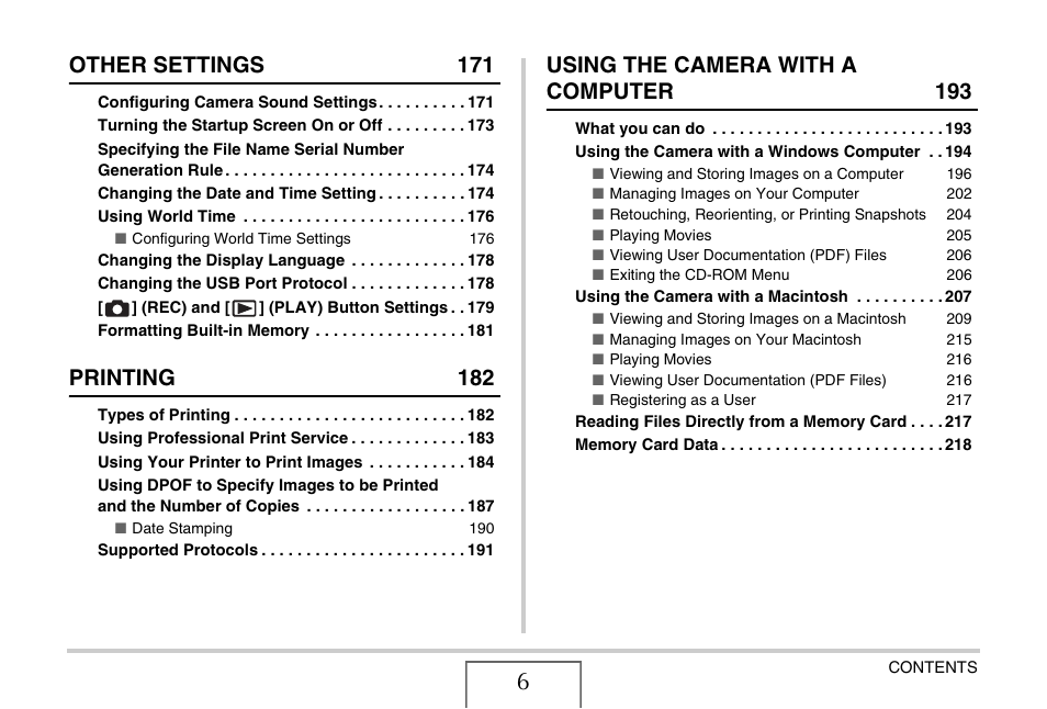 Other settings 171, Printing 182, Using the camera with a computer 193 | Casio YC-430 PJ User Manual | Page 6 / 248
