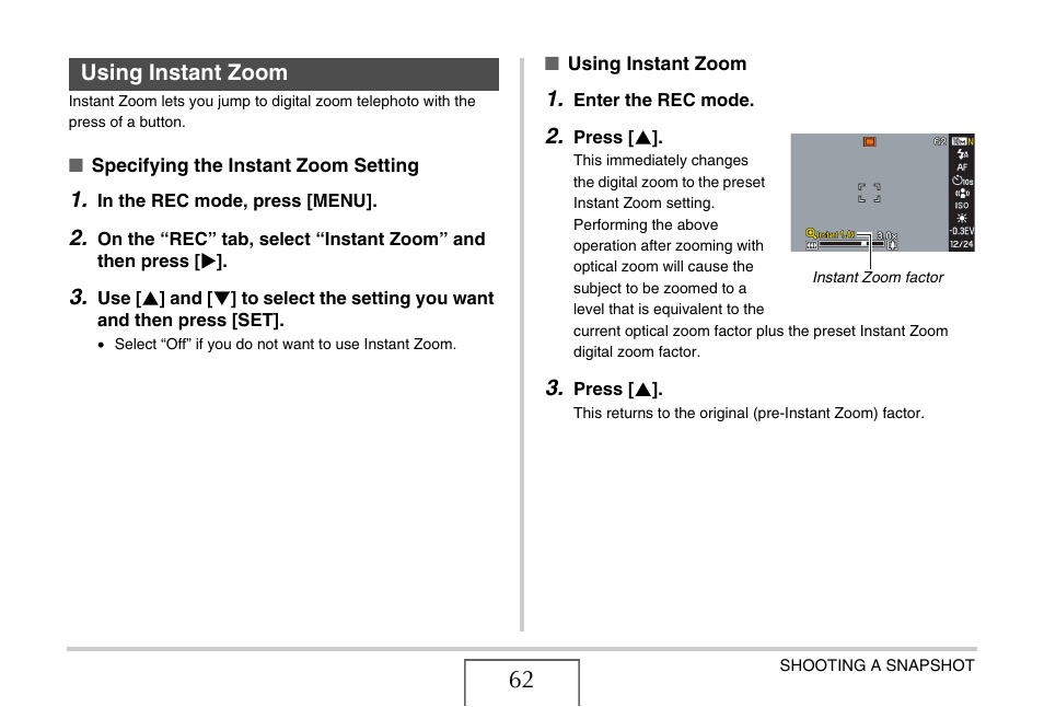 Using instant zoom | Casio YC-430 PJ User Manual | Page 62 / 248