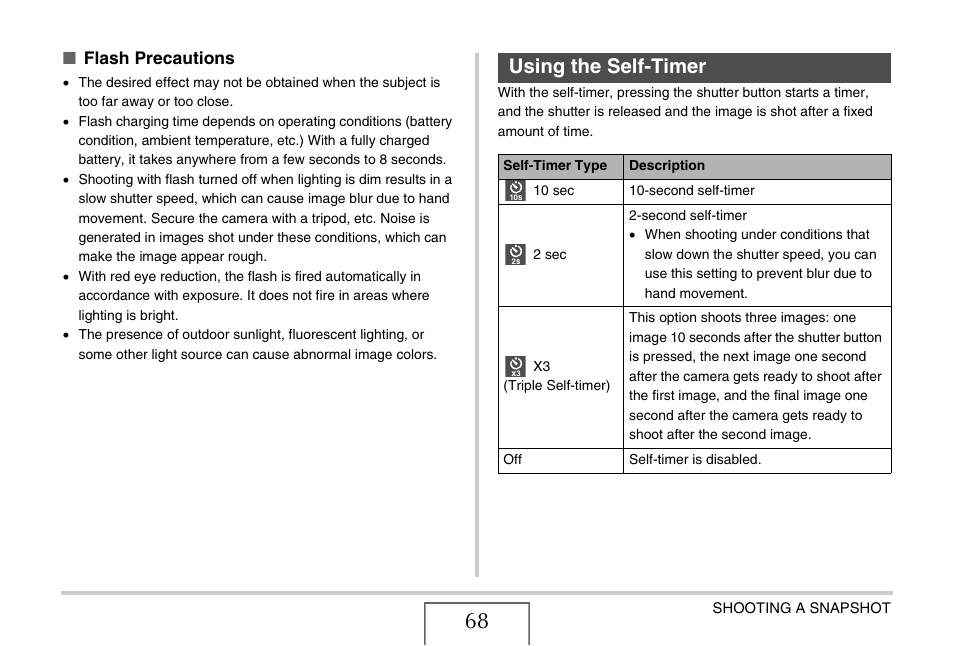 Using the self-timer, E 68, Flash precautions | Casio YC-430 PJ User Manual | Page 68 / 248