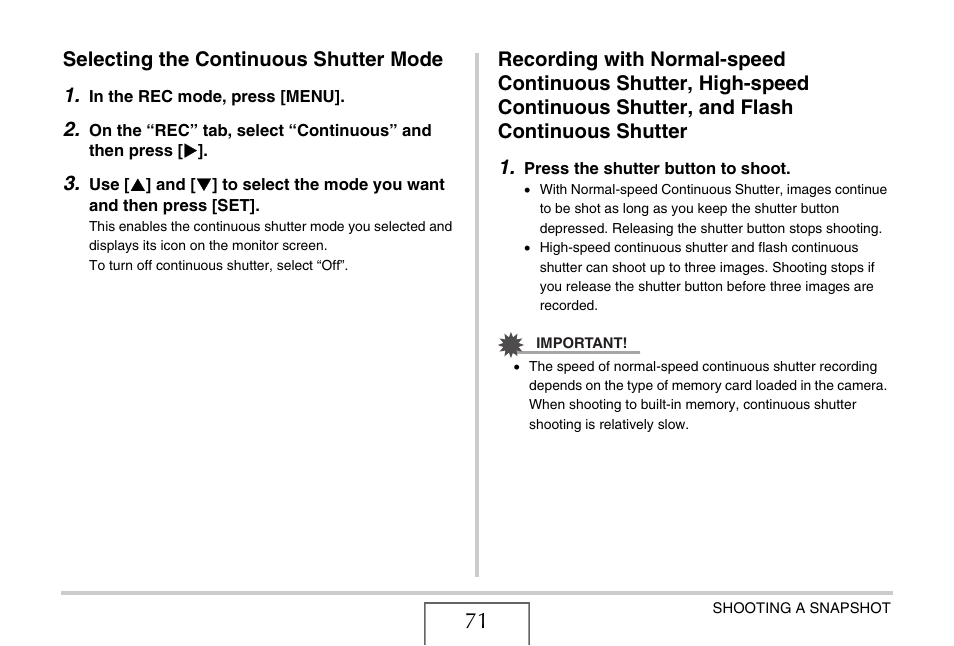 Selecting the continuous shutter mode, Selecting the continuous shutter mode 1 | Casio YC-430 PJ User Manual | Page 71 / 248
