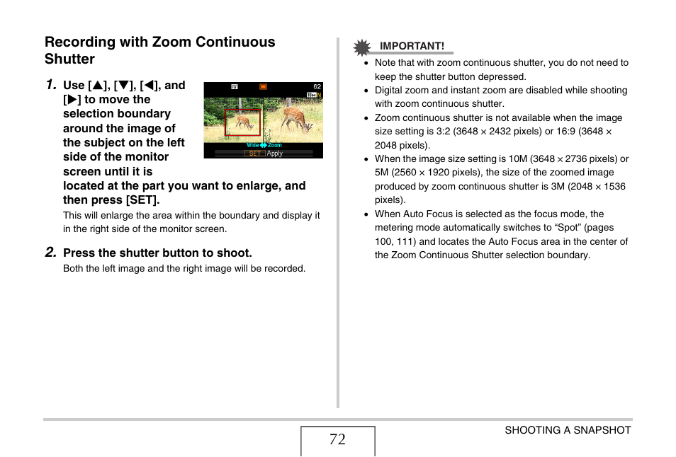 Recording with zoom continuous shutter, Recording with zoom continuous shutter 1 | Casio YC-430 PJ User Manual | Page 72 / 248