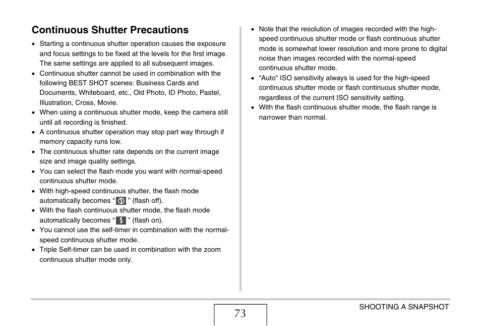 Continuous shutter precautions | Casio YC-430 PJ User Manual | Page 73 / 248