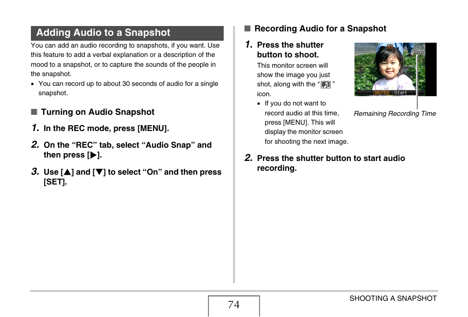 Adding audio to a snapshot | Casio YC-430 PJ User Manual | Page 74 / 248