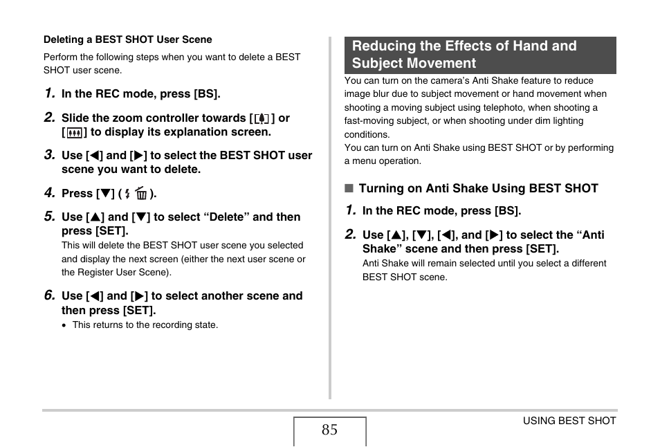 Reducing the effects of hand and subject movement, E 85 | Casio YC-430 PJ User Manual | Page 85 / 248