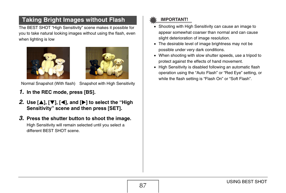 Taking bright images without flash, E 87) | Casio YC-430 PJ User Manual | Page 87 / 248