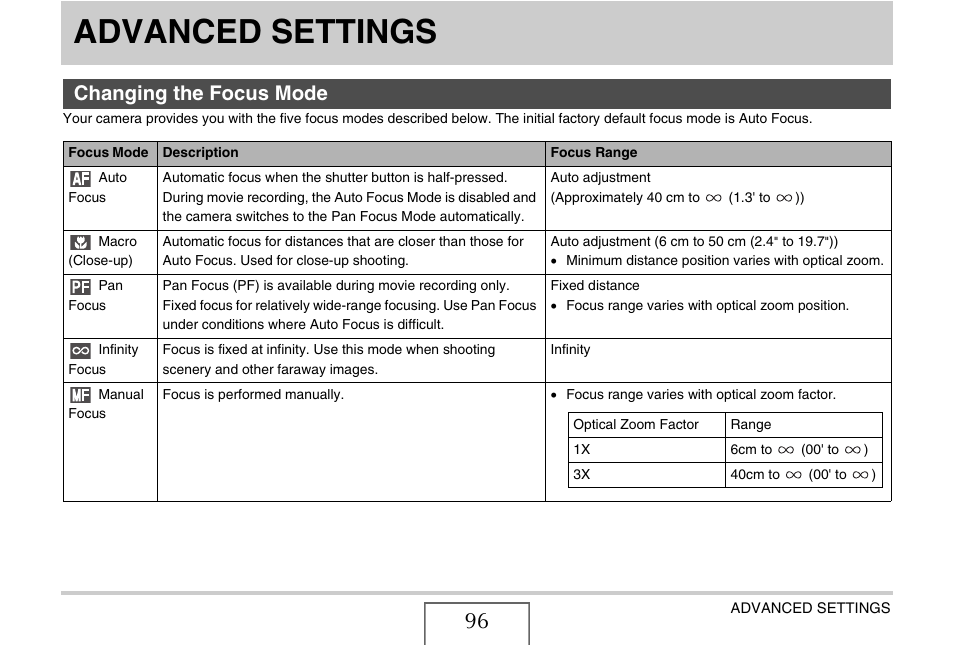 Advanced settings, Changing the focus mode, E 96 | Casio YC-430 PJ User Manual | Page 96 / 248