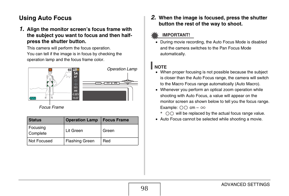 Using auto focus, Using auto focus 1 | Casio YC-430 PJ User Manual | Page 98 / 248