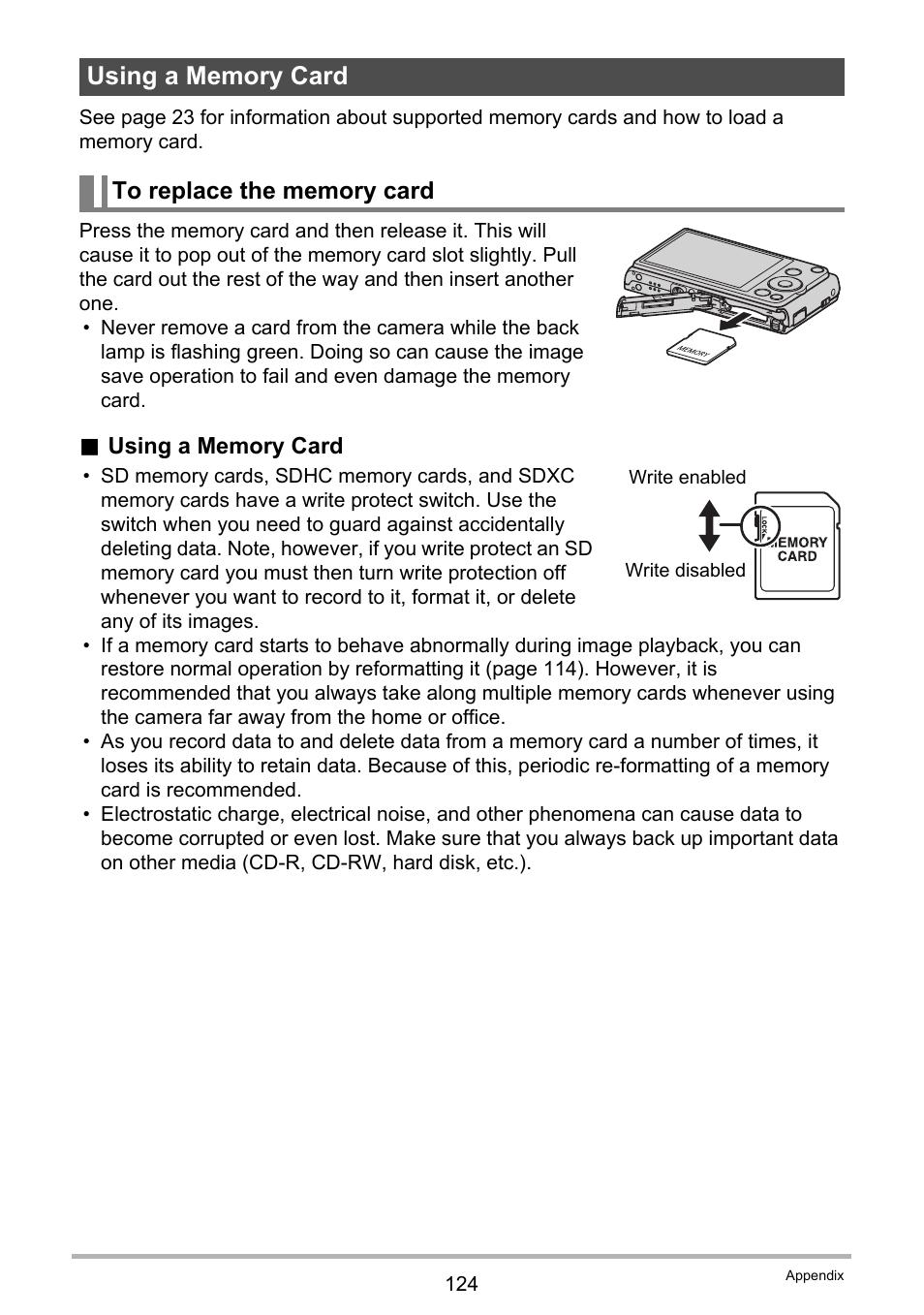 Using a memory card, To replace the memory card | Casio EXILIM EX-Z680 User Manual | Page 124 / 142