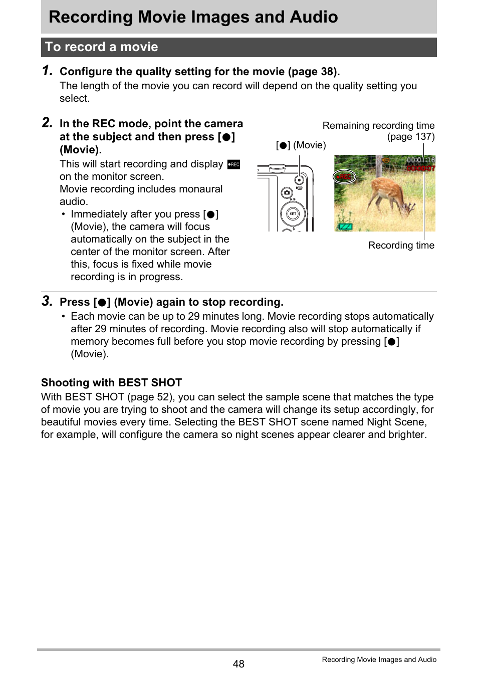 Recording movie images and audio, To record a movie | Casio EXILIM EX-Z680 User Manual | Page 48 / 142