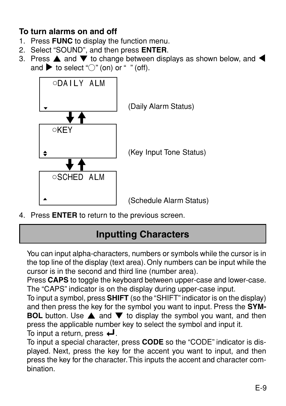 Inputting characters | Casio Digital Diary SF-3990 User Manual | Page 11 / 31