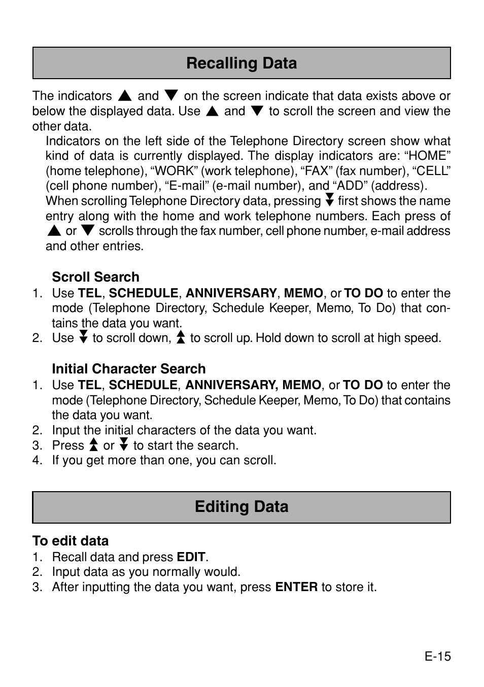 Recalling data, Editing data | Casio Digital Diary SF-3990 User Manual | Page 17 / 31