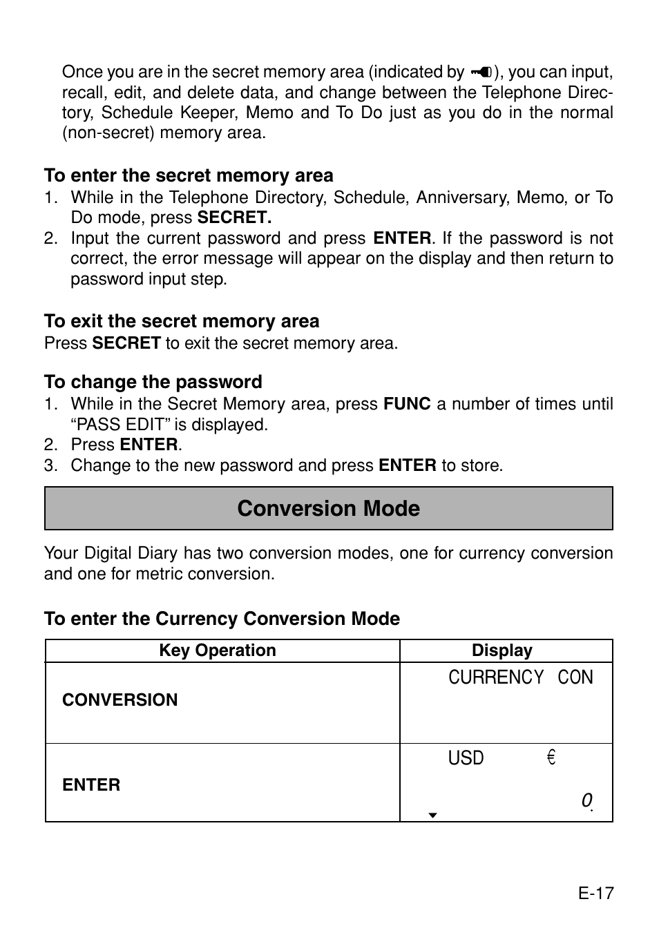 Conversion mode | Casio Digital Diary SF-3990 User Manual | Page 19 / 31