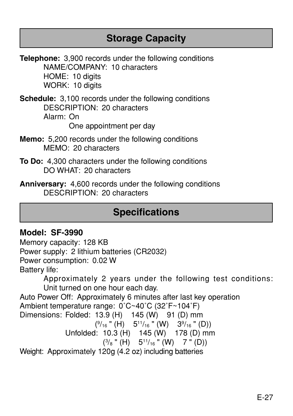 Storage capacity, Specifications | Casio Digital Diary SF-3990 User Manual | Page 29 / 31