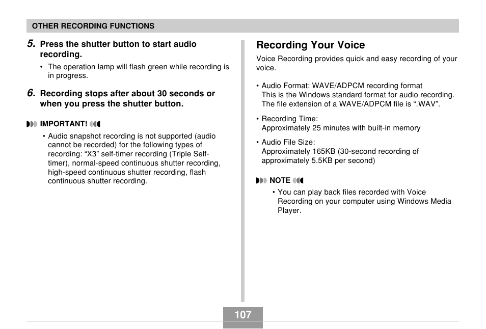 Recording your voice | Casio EX-Z5 User Manual | Page 107 / 252