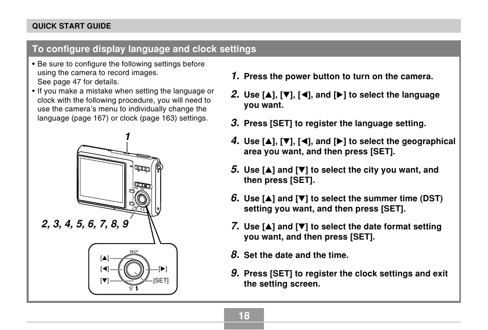 To configure display language and clock settings | Casio EX-Z5 User Manual | Page 18 / 252