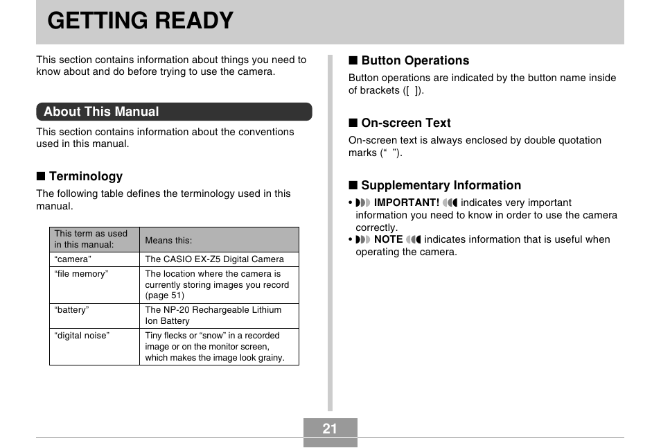 Getting ready, About this manual | Casio EX-Z5 User Manual | Page 21 / 252